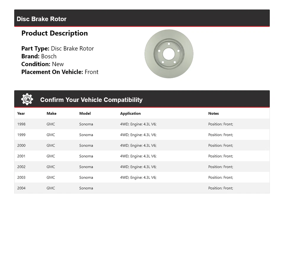 Rotor de freno de disco delantero QuietCast para GMC Sonoma Bosch 1998-2004 1999 2000 2001 Foto 2 de 4