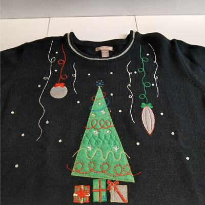 XXL Christmas Sweater Black Appliqued Embroidered Felt Tree Presents Ornaments 