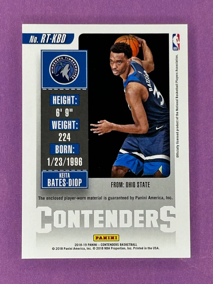 2018/19 Panini Contenders Rookie Ticket Keita Bates-Diop Jersey Relic #RT-KBD RC - Image 2 of 2