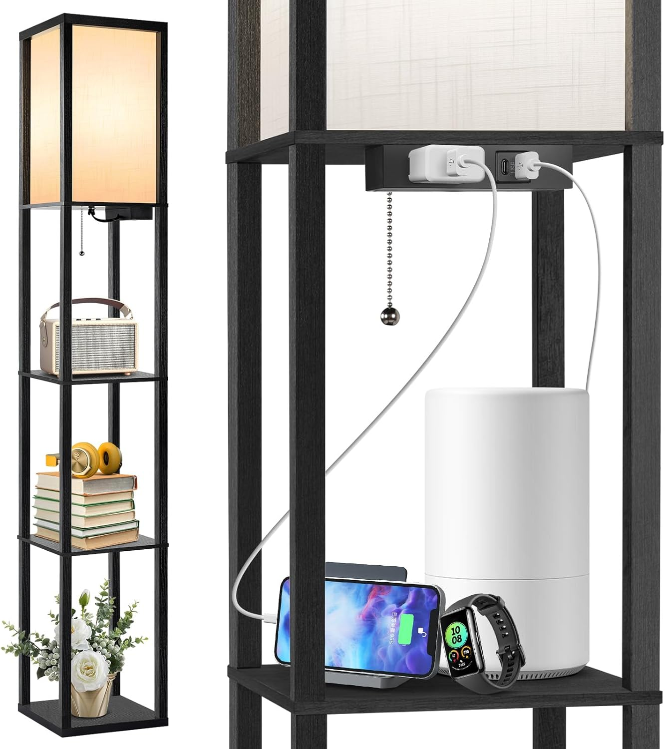 Modern LED Shelf Floor Lamp with USB-C, USB & AC Outlets-image