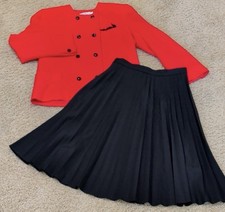 VTG Lilli Ann 80s Bright Red Suit Black Pleated Skirt SZ 10-12
