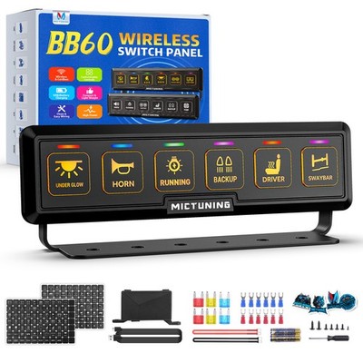 MICTUNING BB60 Wireless 6 Gang Slim Switch Panel LED Toggle Ciruict Relay System