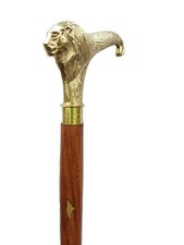 Antique Brass Lion Handle Wooden Walking Stick Cane Designer Vintage Style Gift