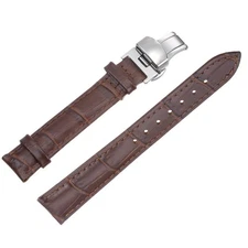 Cowhide Leather Band Deployment Buckle Watch Strap 16mm with Spring Bars, Brown