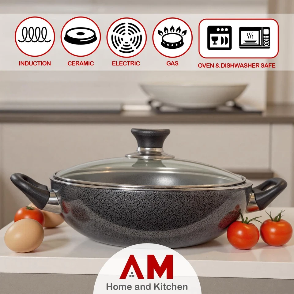 Wok a Induzione Antiaderente Da 36 Cm Con Coperchio, Versatile Padella Profonda, - Immagine 2 di 4