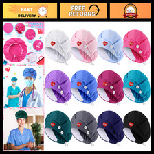 12 Pcs Adjustable Bouffant Nurse Caps with Button Sweatband, Elastic Surgical Ha