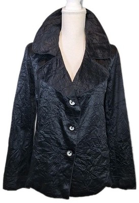 TRELISE COOPER DESIGNER Blazer Jacket Crinkled Crushed Satin Coat Black S/M RARE