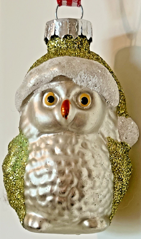 Small Silver Glass Owl Ornament in Green Glitter Santa Hat Suit Hand Painted 2"