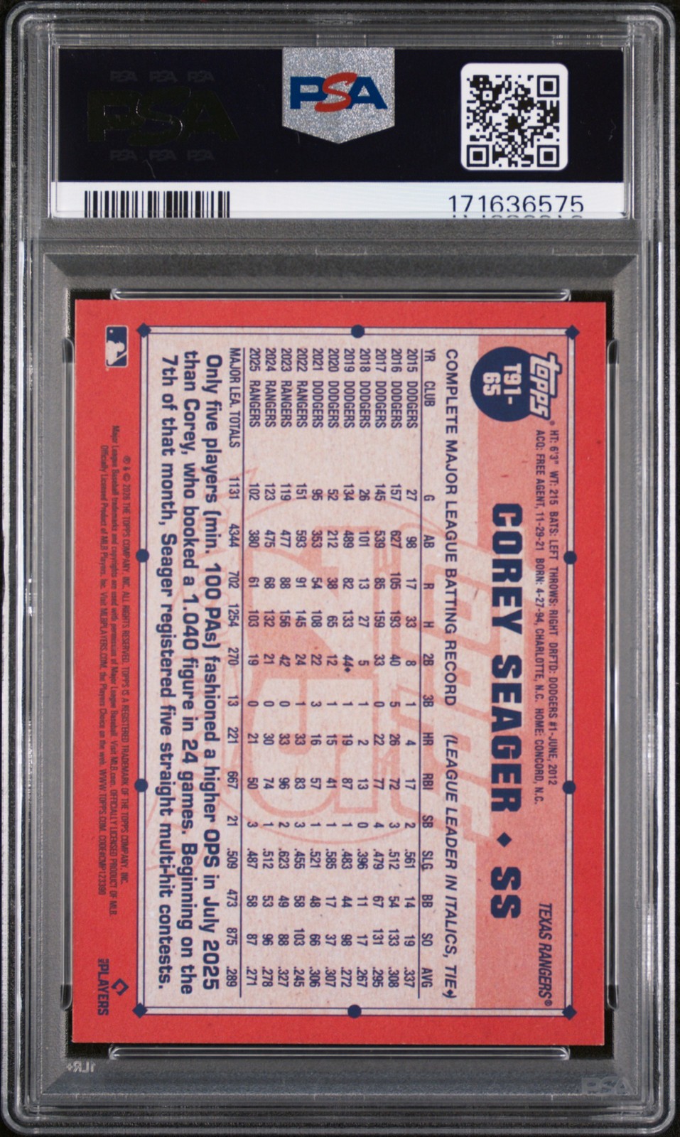 2026 TOPPS 1991 TOPPS BASEBALL KOI FISH #65 COREY SEAGER PSA 9 view 2