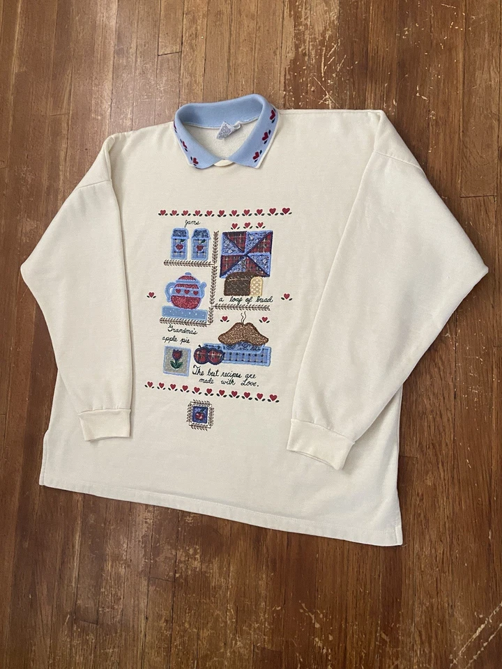 Vintage 90s Cottagecore Center Logo Graphic Collared Grandma Sweatshirt 2XL - Image 2 of 4