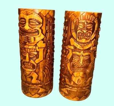 Tiki whirley Embossed Ceramic Tall Cup Mugs Bamboo Brown Yellow