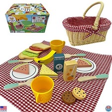 23-Piece Wooden Picnic Basket Toy Set for Toddlers Kids Realistic Play Food