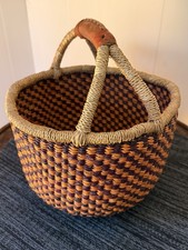 Unique Handwoven African Bolga Basket Leather Handle Multicolor