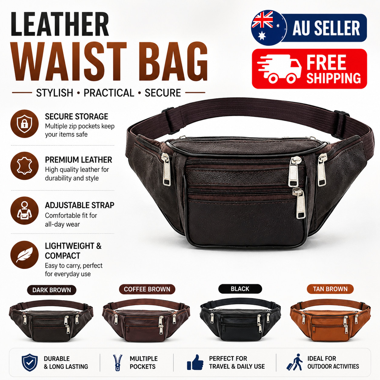 Bum Bag Genuine Leather Fanny Pack Festival Money Pouch Travel Waist Belt Wallet