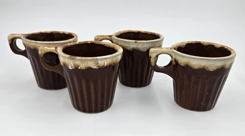 VINTAGE WESTERN MONMOUTH BROWN DRIP GLAZE 4 coffee mugs MAPLE LEAF USA 8 oz