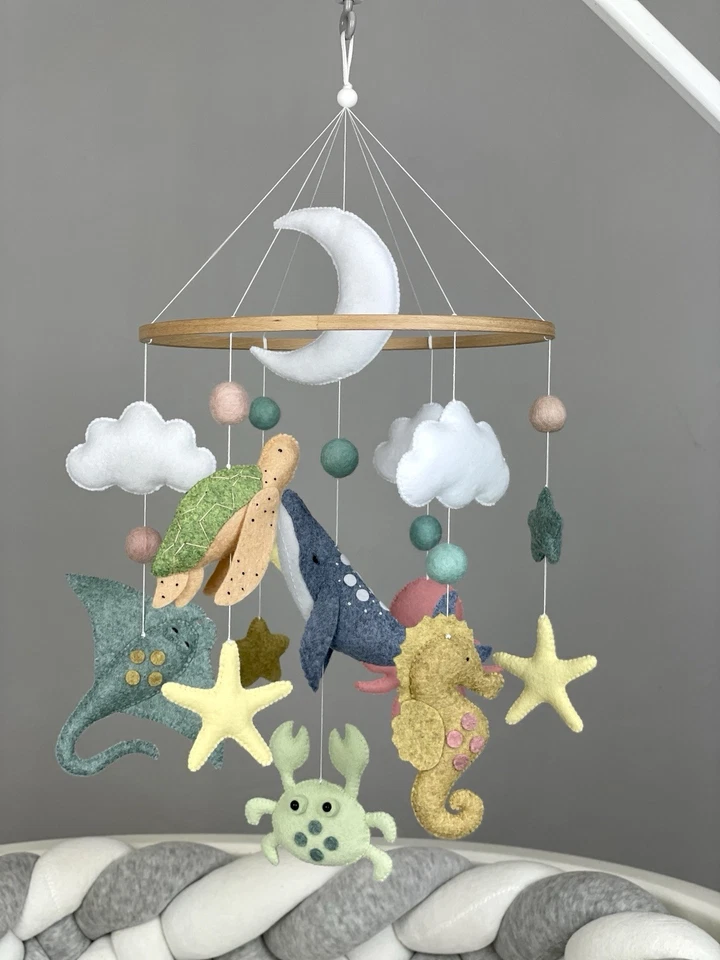 Berço móvel bebê oceano berçário sob o mar animais marinhos de feltro costeiro náutico - Imagem 3 de 4