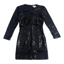 $395 Halston Black Sequined Kaylee Dress Designer Key Hole Bodycon Womens 2