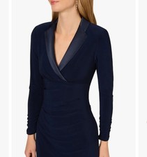 Adrianna Papell Navy long sleeve V neck satin trim Ma and maxi dress