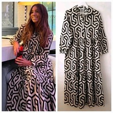 Zara Cotton Summer Geometric Shirt Karen Black Ecru Midi Dress M Medium 10 12