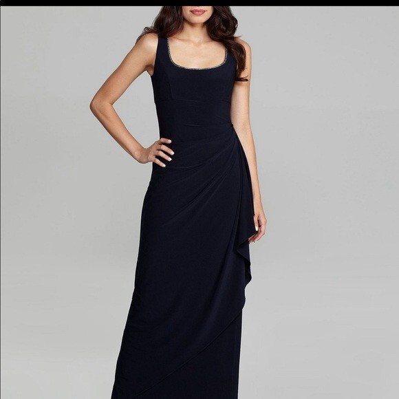 green emerald velvet dress Alex Evenings Petite Glitter Jacquard Knit & Matte Jersey Gown with Bolero Jacket Navy / 6p main image 1