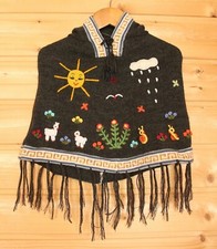 Kinder Poncho grau Gr.68*74 bestickt: Tiere Blumen Sonne Inka Indianer Peru 0GS1