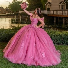 Glitter Tulle Quinceanera Dresses Lace Applique Off Shoulder Sweet 15 16 Dress