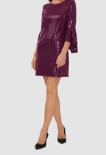 Vince Camuto Women's Purple Metallic Sequin Bell Sleeve Mini Dress Size L
