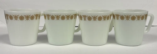 Lot of 4 VTG Pyrex Butterfly Gold Coffee  300 mL Mugs Milk Glass D Handle #1410