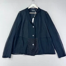 Carlisle Collection Ceremony Blouse Womens 10 Black Sheer Silk Button Up NWT