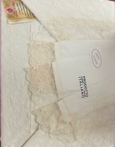 Completo Lenzuola Sposa Matrimoniale In Puro Cotone Con Pizzo Tulle Con 2 Federe - Foto 3 di 4
