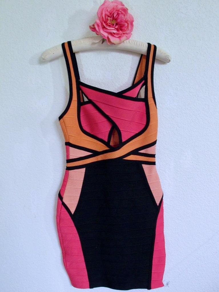 Herve Leger Paris Color Block Bandage Dress Size S/XS Pink Orange
