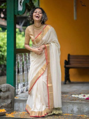 IndianTraditional Golden Zari WorkPure Kerala Cotton Saree Soft Quality With Bp