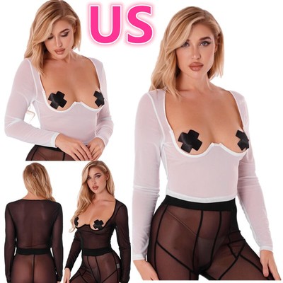 Women Open Cups T-Shirts Transparent Basic Crop Tees Tops Long Sleeve Blouses