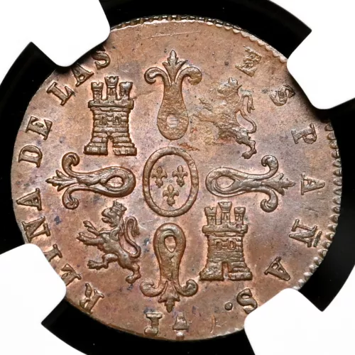 SPAIN. Isabel II, Copper 4 Maravedis, 1847-JA, NGC AU55 BN