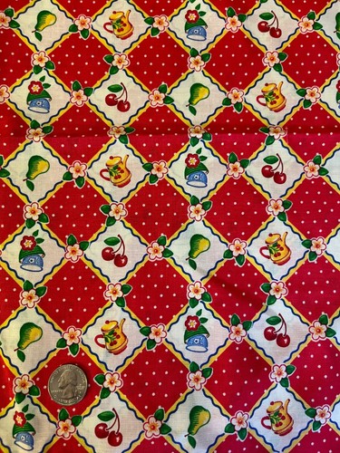 RARE - BRIGHT 2003 MARY ENGELBREIT FRUIT FLORAL RED WHITE SQUARES Cotton 1 Yard