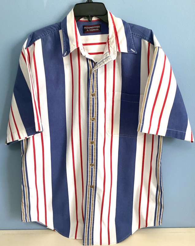 Men's Short Sleeve Button Down SHIRT SIZE Medium Roundtree  Yorke Red White blue