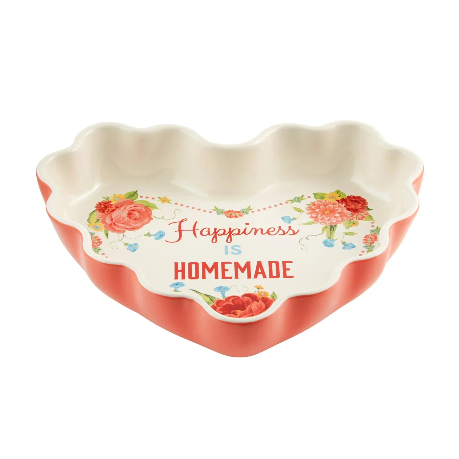 Pioneer Woman Pie Plate Heart Shaped Ceramic Stoneware Baking Dish Floral Pink
