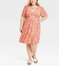 Knox Rose Plus Short Sleeve A-Line Dress - Coral Floral - Size 1X - NEW