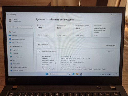 Ordinateur PORTABLE LENOVO Thinkpad T14 gen 1 i5 10310U 16 Go RAM 512 Go SSD (4) - Photo 9/9