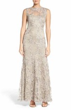 TADASHI SHOJI EMBROIDERED TULLE SMOKE OYSTER GOWN DRESS sz 6