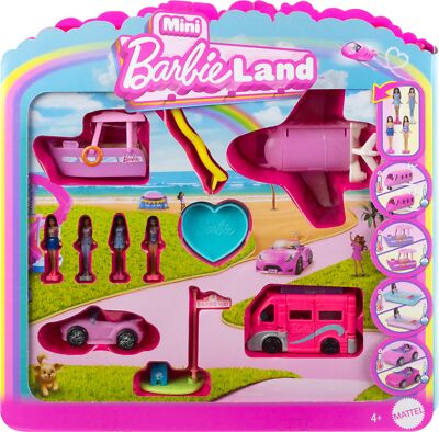 Mini Barbie Land 4 Pack Doll and Vehicle Set DreamCamper Dream Boat Plane