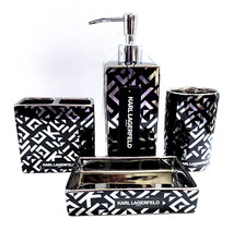 KARL LAGERFIELD 4 PC BLACK SILVER CERAMIC SOAP DISPENSER,TUMBLER,DISH,TOOTHBRUSH