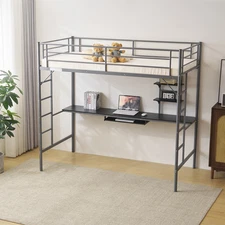 Heavy-duty Twin Metal Loft Bed Frame w/ Desk and 2 Shelf Ladders for Teens