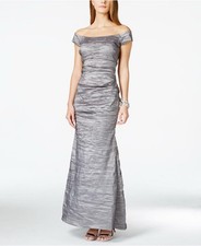 Alex Evenings womens 8 Off-the-Shoulder Crushed Taffeta sheath Dress silver maxi