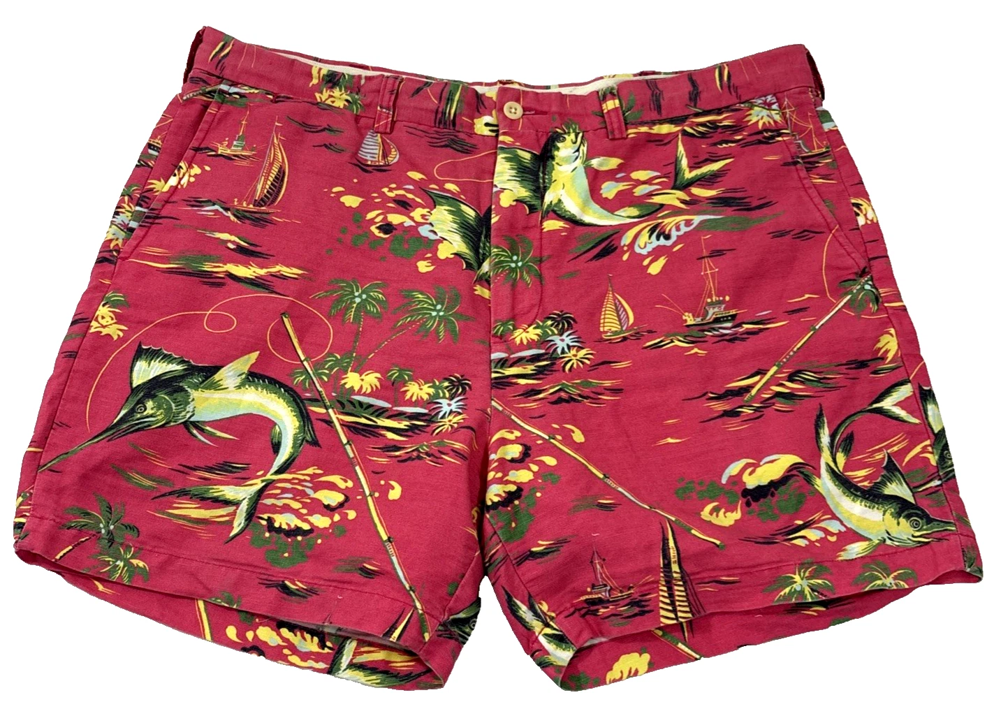 Polo Ralph Lauren Shorts Mens 36 Pink Tropical Fish Chino Linen 6" Beach AOP EUC