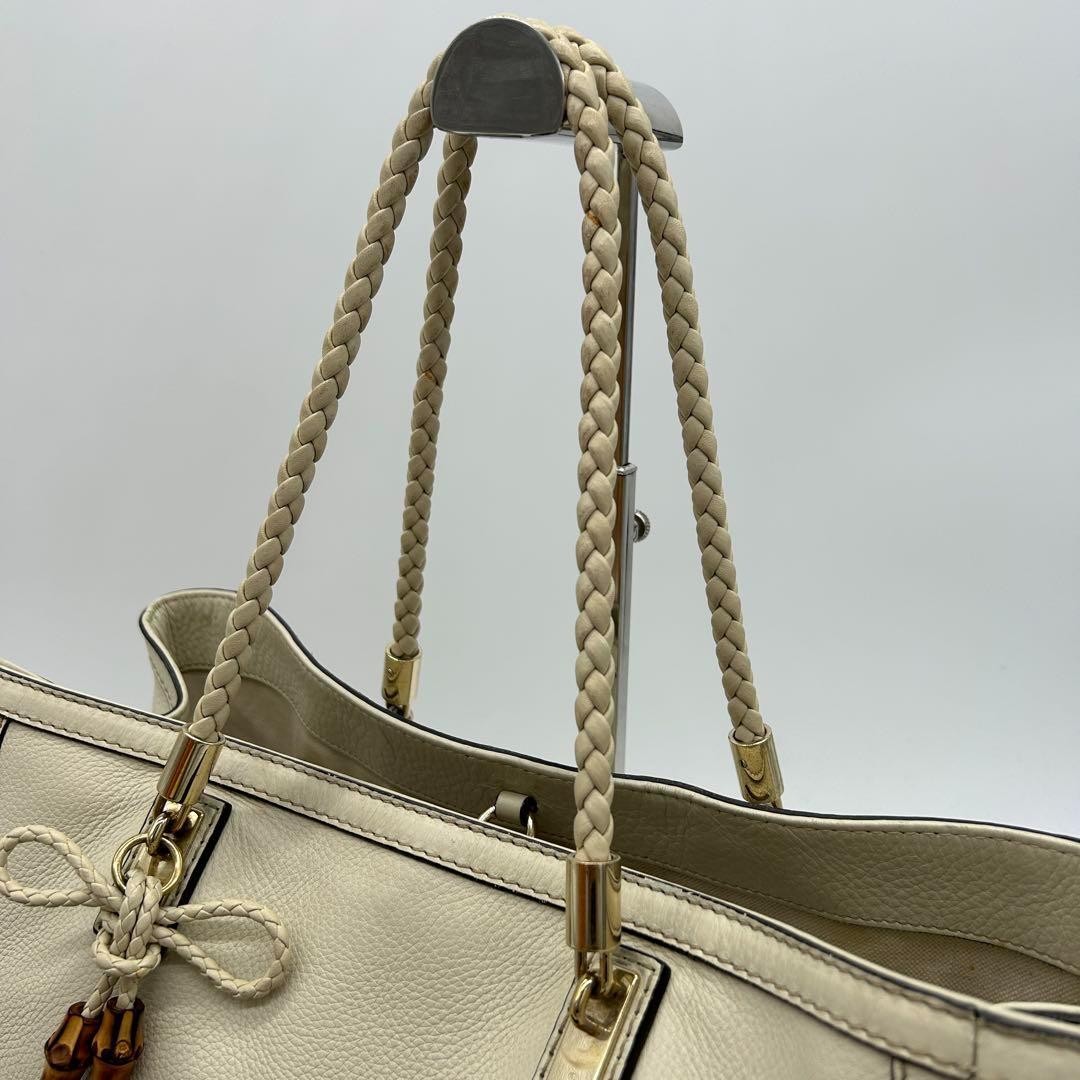Gucci Bella Bamboo Tote Bag Shoulder Bag Ribbon Braided Leather Ivory Authentic thumbnail 8