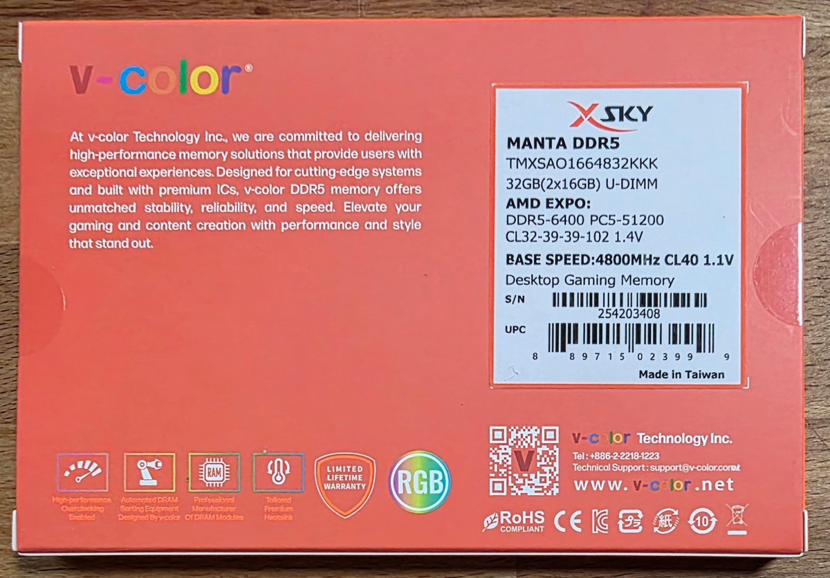 V-COLOR Manta XSky DDR5 32GB (2x16GB) 6400MHz CL32 1.4V SK Hynix
