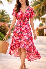 Abel the Label Women Romantic Flowy Multicolor Floral High-Low Dress Sz S Resort
