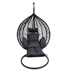 Black Rattan Effect Hanging Egg Swing Chair with footrest and raincover Stylish