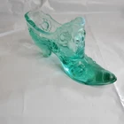 Vintage Fenton Teal Green Opalescent Shoe Cabbage Rose Marked With Stamp